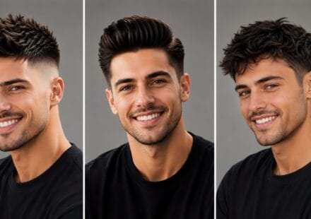 Three-column featured image showing the same smiling man wearing three different haircuts for men: a textured spiky cut with a skin fade, a voluminous pompadour, and a modern mullet.