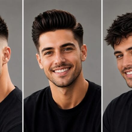 Three-column featured image showing the same smiling man wearing three different haircuts for men: a textured spiky cut with a skin fade, a voluminous pompadour, and a modern mullet.