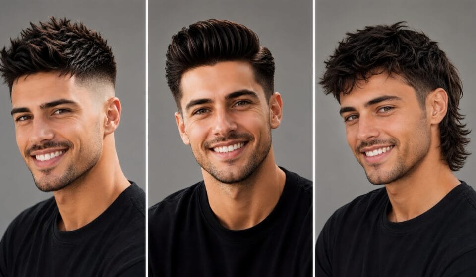 Three-column featured image showing the same smiling man wearing three different haircuts for men: a textured spiky cut with a skin fade, a voluminous pompadour, and a modern mullet.