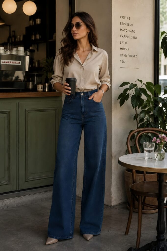 A woman holding a coffee cup outdoors while styling a neutral shirt with classic wide leg jeans.