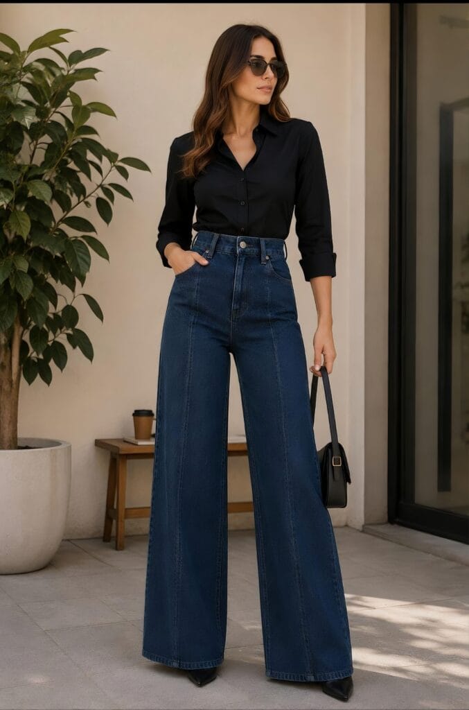 A fashion shot highlighting dark wash wide leg jeans with vertical seam detailing and a black button-down shirt.