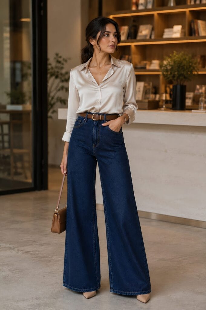 An elegant woman standing in a modern interior wearing a silk blouse tucked into dark wide leg jeans.