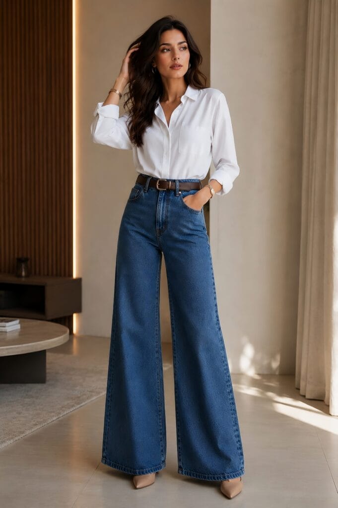 A stylish woman posing indoors in a tucked white button-down shirt and high-waisted wide leg jeans.