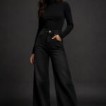 A studio portrait of a woman wearing ink black wide leg jeans and a matching black turtleneck sweater.
