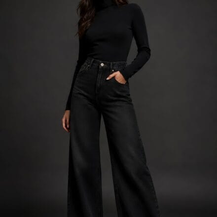 A studio portrait of a woman wearing ink black wide leg jeans and a matching black turtleneck sweater.