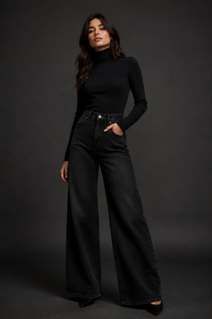 A studio portrait of a woman wearing ink black wide leg jeans and a matching black turtleneck sweater.