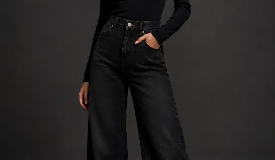 A studio portrait of a woman wearing ink black wide leg jeans and a matching black turtleneck sweater.