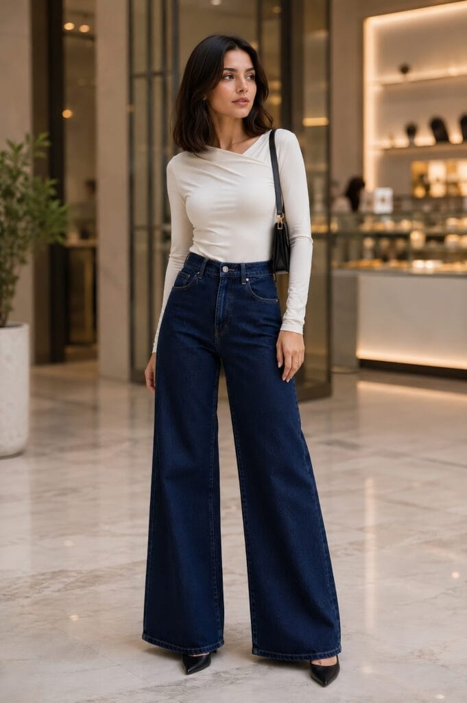A woman posing indoors in a minimalist white top and deep blue wide leg jeans.