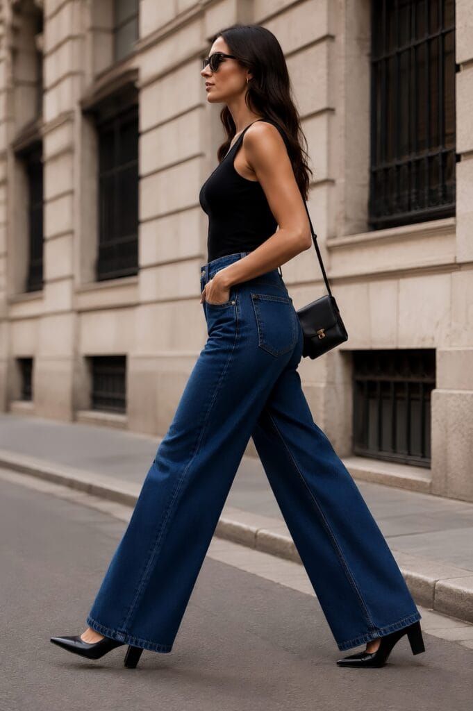 A woman walking outdoors wearing dark blue wide leg jeans paired with a black tank top and heels.