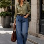 A blonde woman wearing sunglasses and relaxed wide-leg denim, featuring the best jeans for women, styled with an olive green shirt and a brown leather bag on a city street.