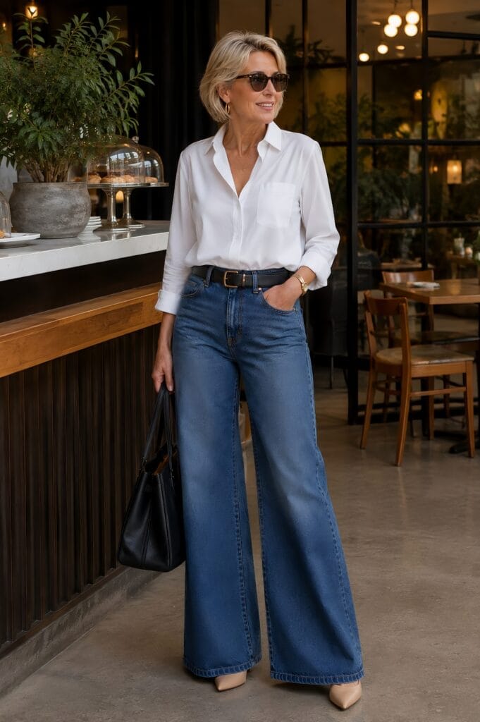 A blonde woman wearing sunglasses and wide-leg denim, highlighting the best jeans, accessorized with a white button-down shirt and a black tote bag near an indoor café counter.