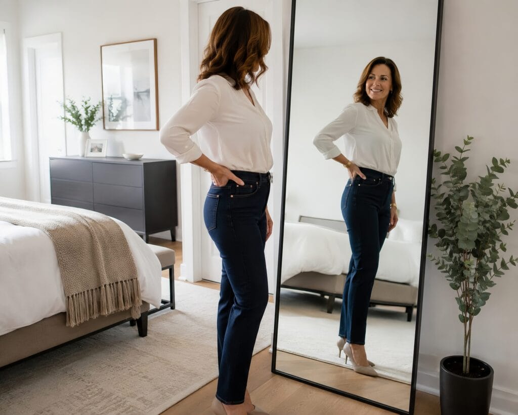 A woman admiring her fit in a full-length mirror, wearing dark-wash denim that ranks as some of the best jeans, paired with a classic white blouse inside a bright bedroom.